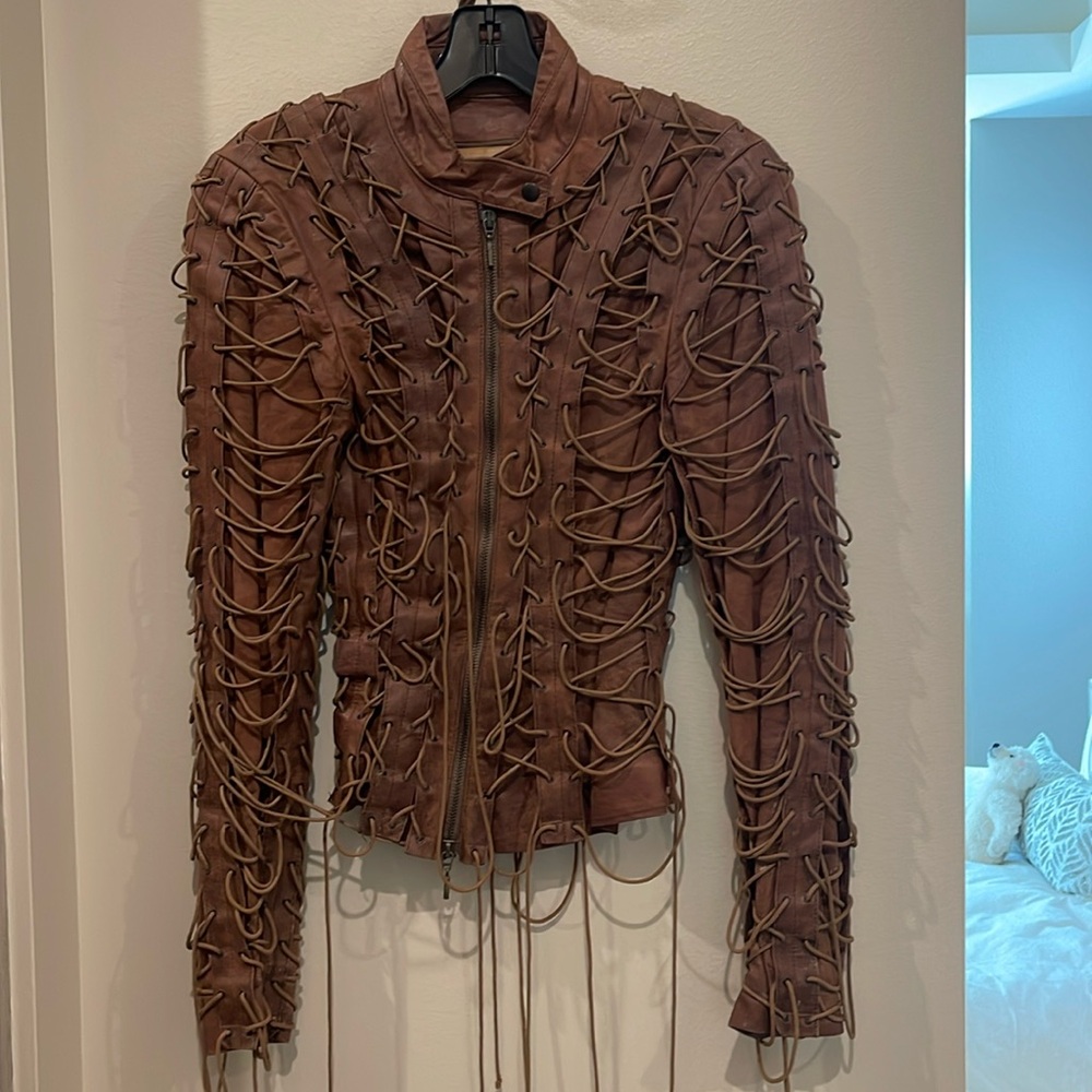 Plain Sud lacing leather jacket in brown